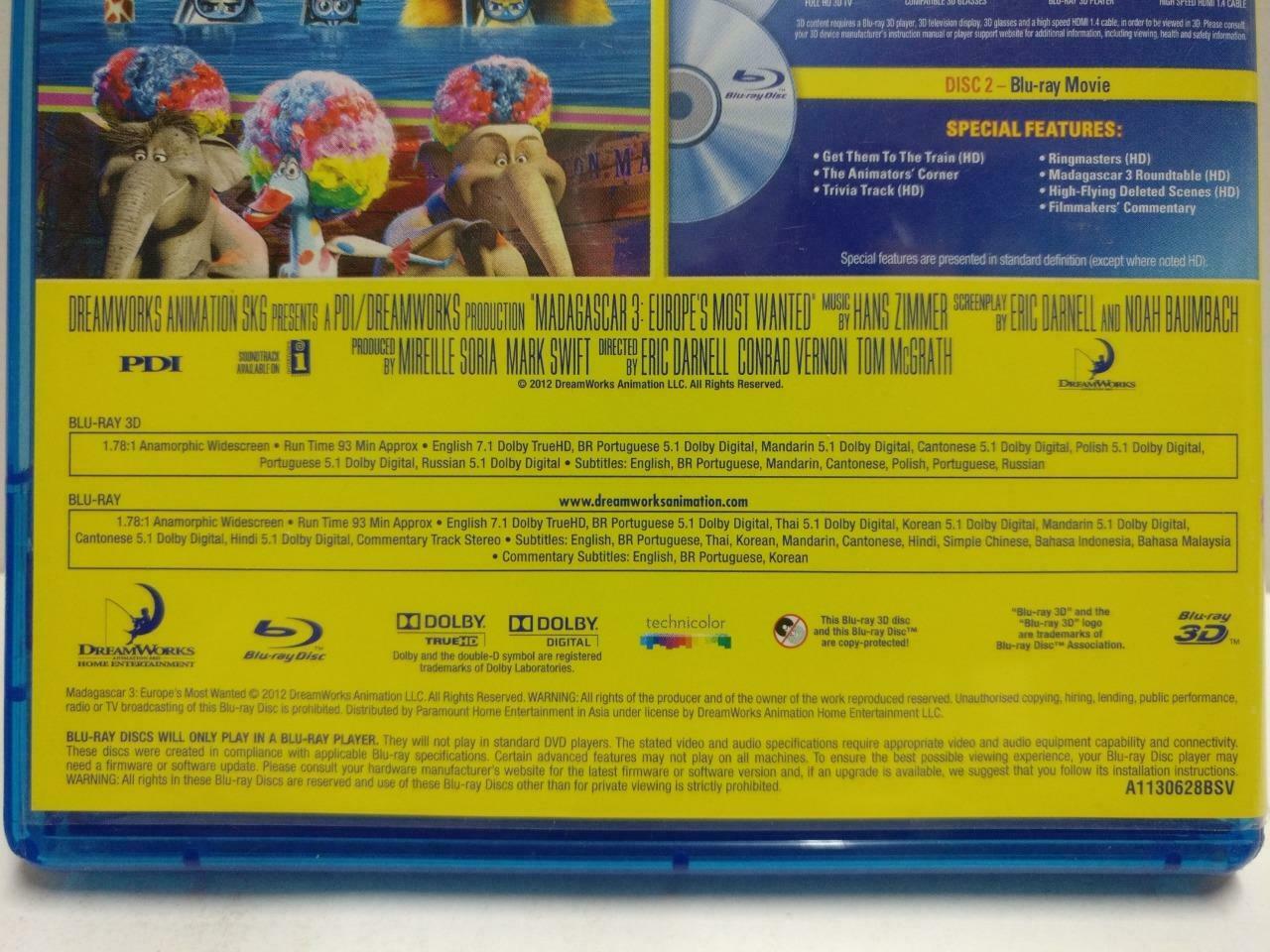 Blu-Ray 3D Movie Dreamworks Madagascar 3 2012 2x Disc No Booklet (GA386)
