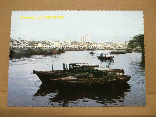 LUCKYPIGEON View Of Singapore River With Tiny Bumboats Godowns Postcard (C2032)
