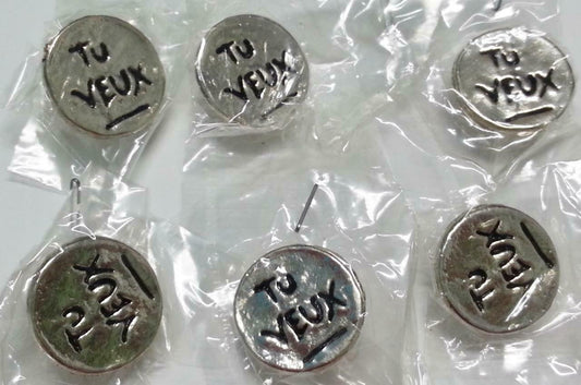 Rare Vintage Tu Veux (You Want) Silver Color Fun Round Buttons x 6 (B386)