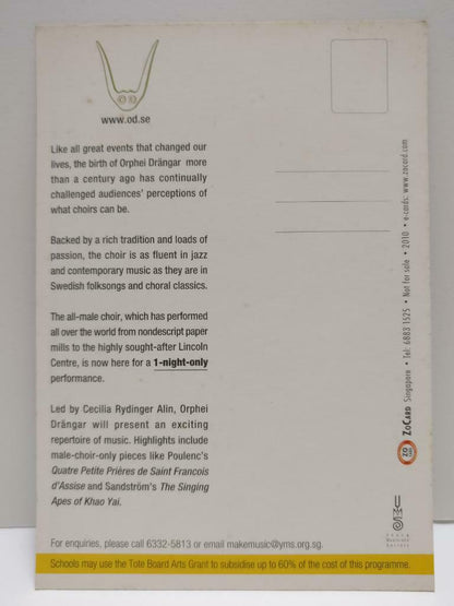 LUCKYPIGEON888 Orphei Drangar In Concert Choir 2010 Singapore Postcard (E0062)