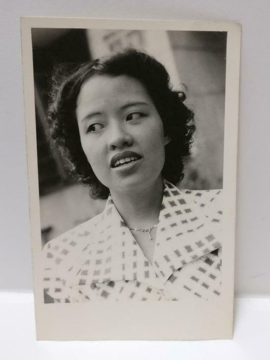 1952 Vintage Asian Chinese Lady In Retro Necklace Candid Portrait B&W Photo P309