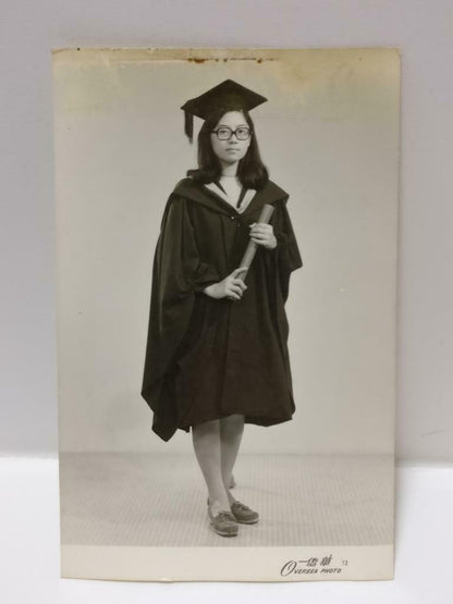 Vintage Asian Chinese Girl In Graduation Gown Scroll Portrait B&W Photo (P311)