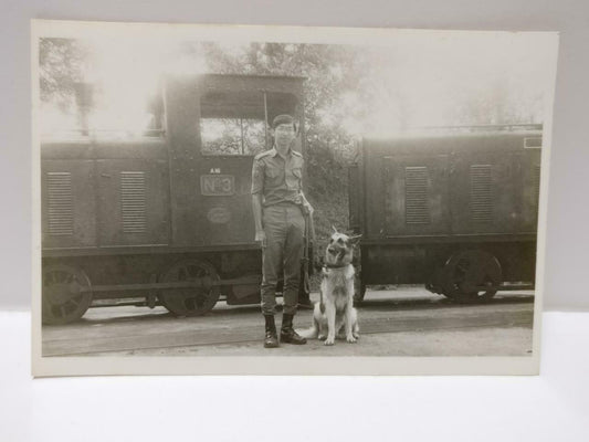 Vintage Asian Chinese Man In Army Uniform & Dog Vehicle Truck B&W Photo (P284)