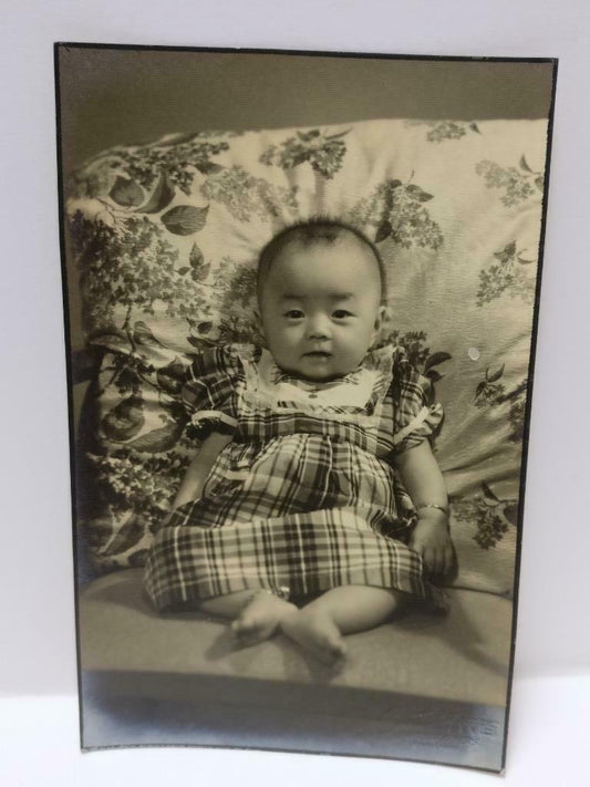 1950 Vtg Asian Chinese Cute Baby Toddler Checker Dress Portrait B&W Photo P291