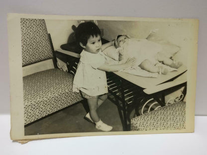 Vintage Asean Siblings Sister Taking Care Of Baby Toddler Retro B&W Photo (P491)