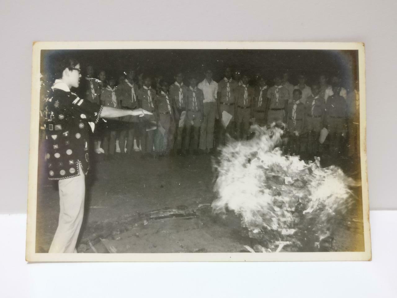 Vintage Singapore Scouts Girl Boy Teacher At A Campfire Candid B&W Photo (P510)