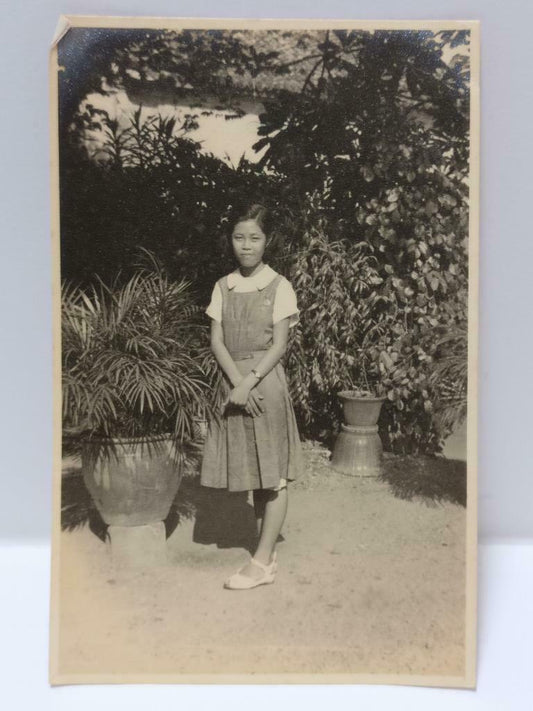 Vintage Asian Chinese Girl Student In Uniform Trees Portrait B&W Photo (P369)