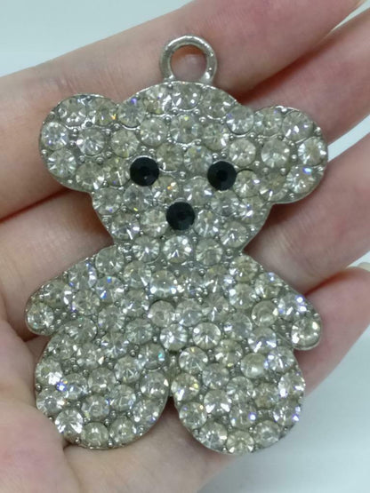 Rare Vintage Bear Bling Diamente Rhinestone Metal Silver Tone Pendant F/S (J846)