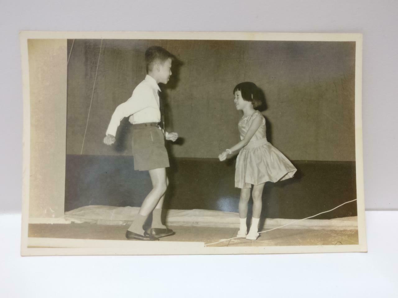 Vtg Chinese Boy Girl Siblings Children Dancing On Stage Studio B&W Photo (P488)