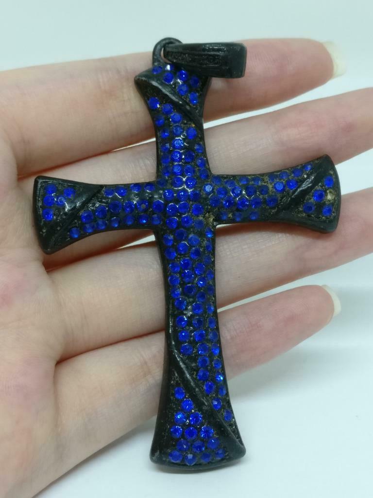 Vintage Blue Rhinestone Beads Cross Jesus Christian Faith Charm Pendant F/S J851