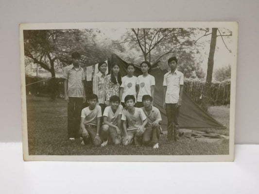 Vtg Chinese Teen Boy Girls Camping Tent Having Fun Together B&W Photo (P499)