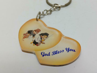 LP888 Vintage Double Heart Shape God Bless You Acrylic Keychain Keyring F/S (B712)
