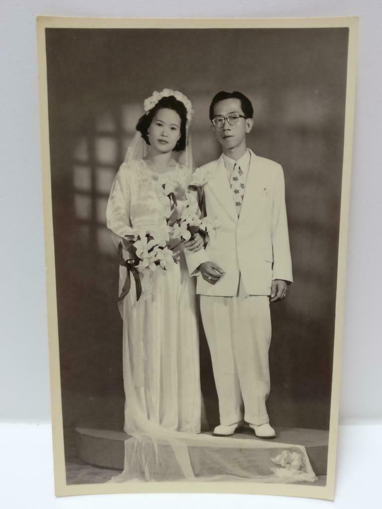 Vintage Asian Chinese Wedding Couple Standing On Platform Studio B&W Photo P456