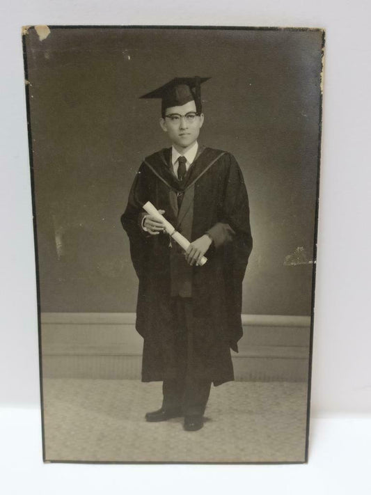 Vtg Asian Chinese Man In Graduation Gown Scroll Studio Portrait B&W Photo (P310)