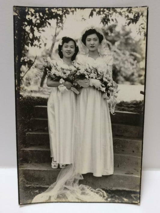 Vintage Asian Chinese Pretty Bride & Bridesmaid Hair Styles B&W Photo P447