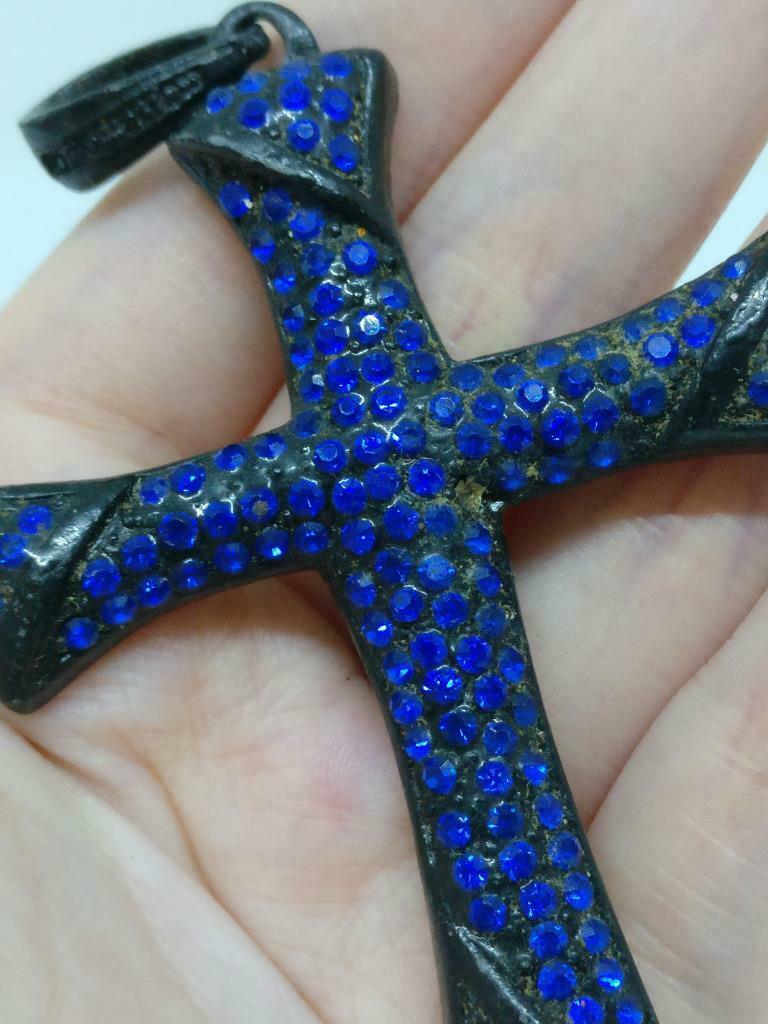 Vintage Blue Rhinestone Beads Cross Jesus Christian Faith Charm Pendant F/S J851