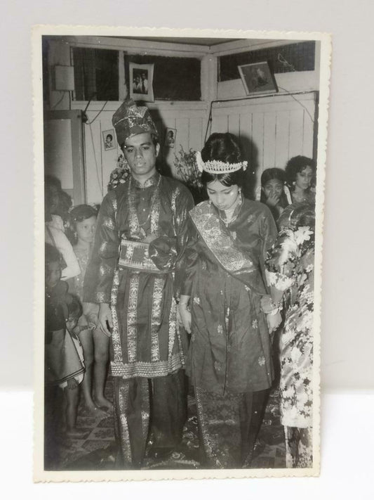 Vintage Asian Malay Couple Wedding Ceremony Guests Portrait B&W Photo (P373)