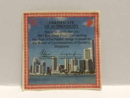 Singapore $10 Rabbit 1987 Proof Silver Coin With Box & Cert (C041b)