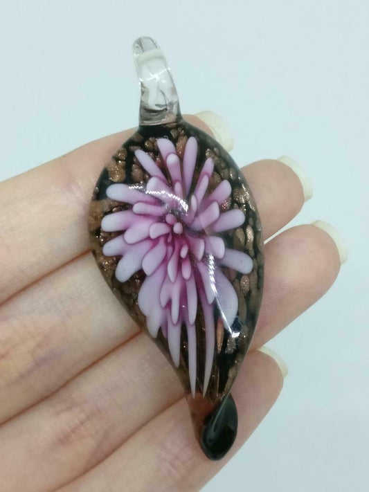 Vintage Blown Glass Art Purple Flower Glass Glitter Flake Charm Pendant F/S J911