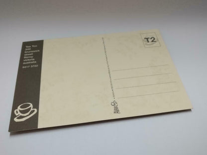 LUCKYPIGEON888 T2 Tea Too Green Coffee Cup Doodle Australia Postcard (E0008)