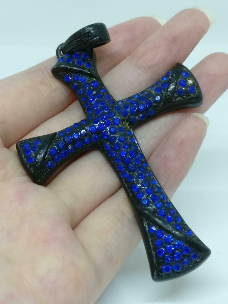 Vintage Blue Rhinestone Beads Cross Jesus Christian Faith Charm Pendant F/S J851