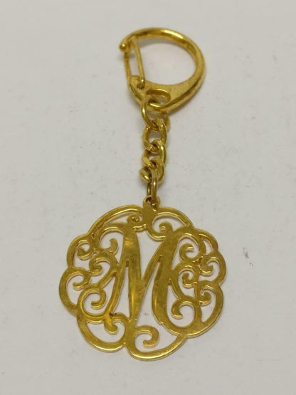 Vintage Beautiful Letter Initial M Gold Tone Metal Keyring Keychain F/S (B782)