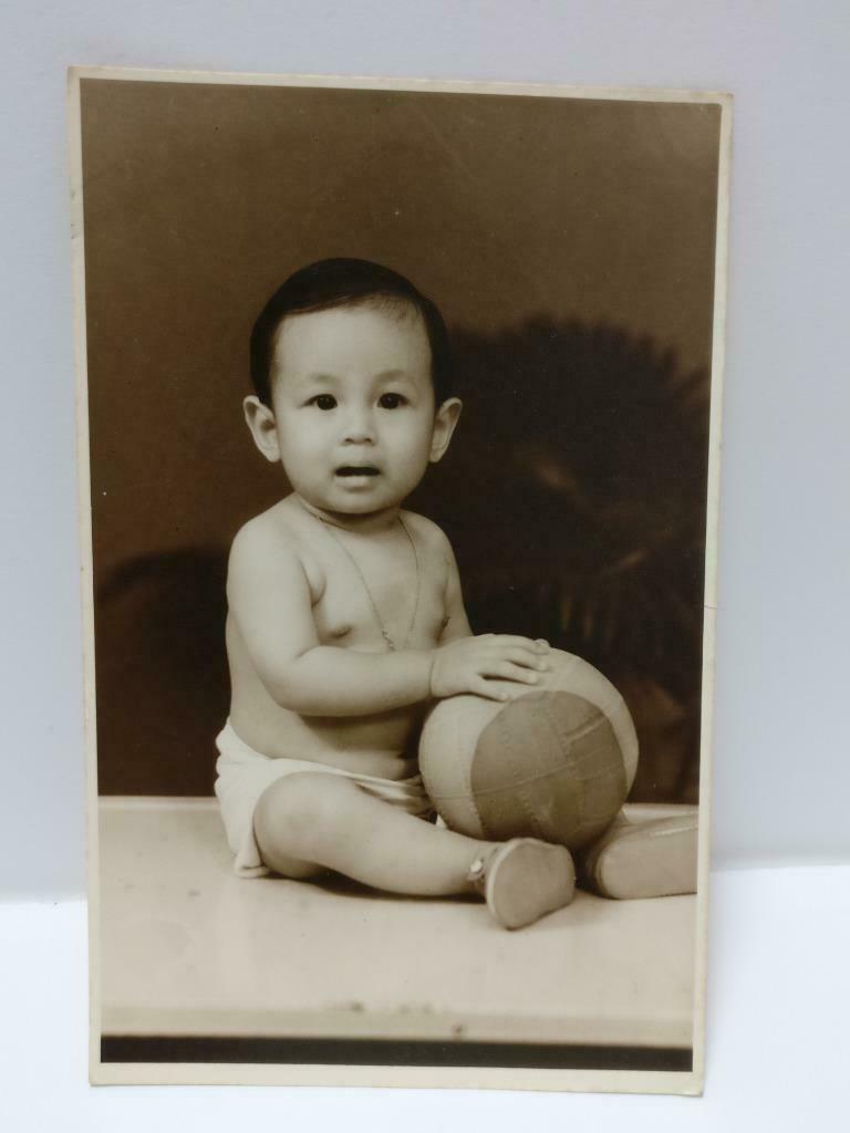 Asian Chinese Toddler Baby Boy Holding A Ball Studio Portrait B&W Postcard P288
