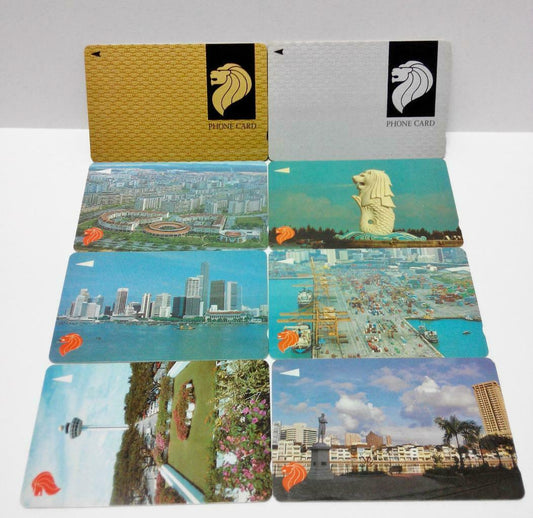 Used Vintage Singapore Phone Cards x8 Merlion Changi Airport Building Sea (A430)
