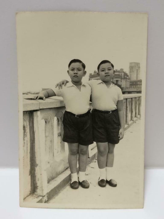 Vintage Asian Boys Twins Kids Standing By the Bridge Outdoors B&W Photo (P443)