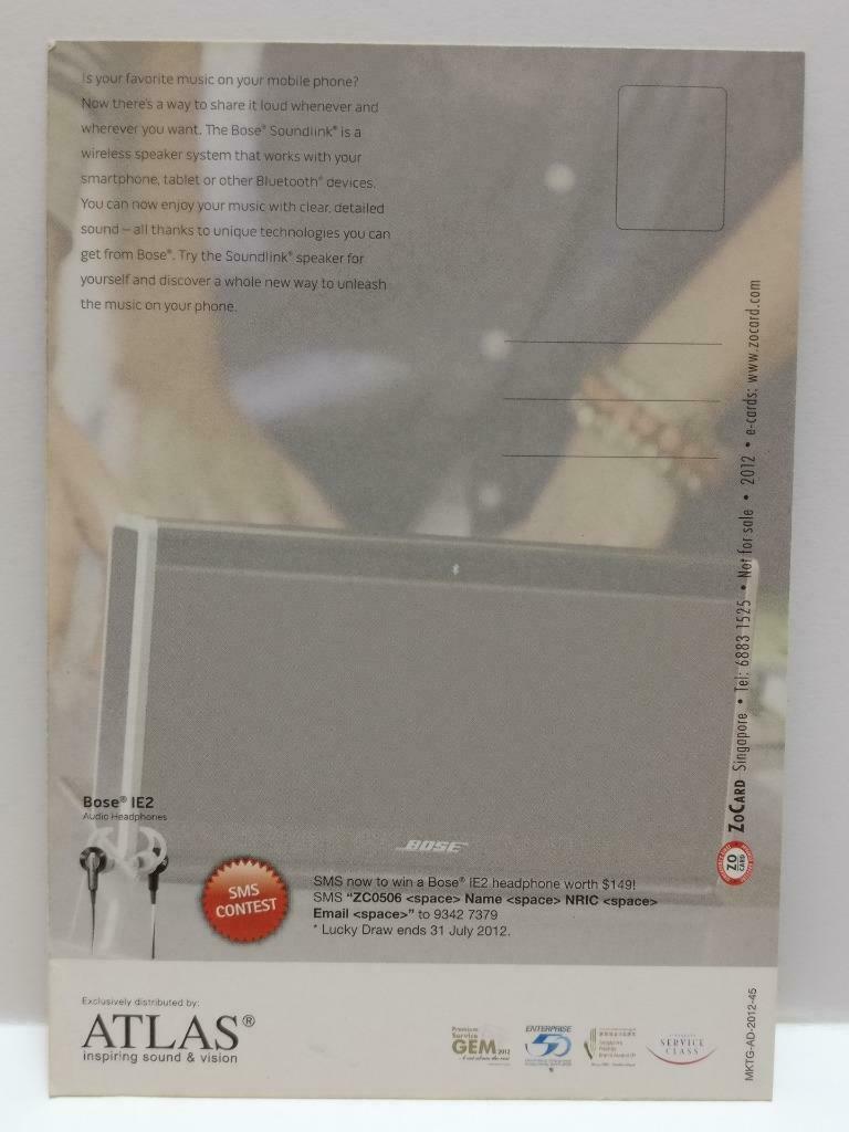 LUCKYPIGEON888 BOSE Wireless Mobile Speaker Ad 2012 Singapore Postcard (E0127)