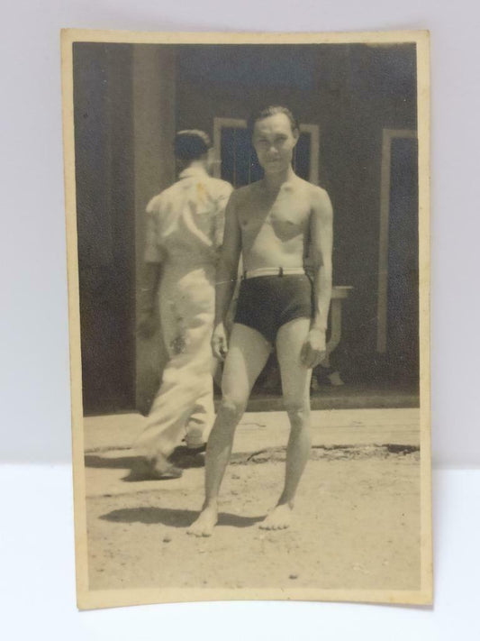 Vintage Handsome Young Men Shirtless Chest Muscle Bulge Trunk B&W Postcard P523