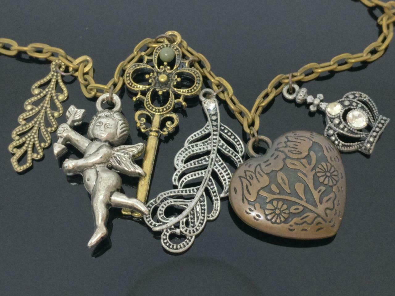 CJ888 Vintage Crown Key Heart Cupid Pendants Bronze Estate Necklace F/S (J553)