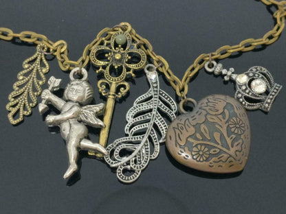 CJ888 Vintage Crown Key Heart Cupid Pendants Bronze Estate Necklace F/S (J553)