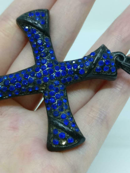 Vintage Blue Rhinestone Beads Cross Jesus Christian Faith Charm Pendant F/S J851