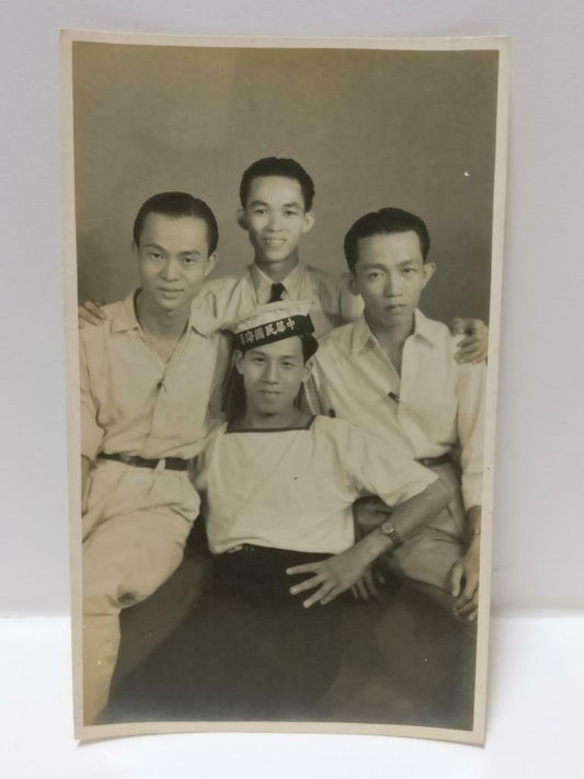 1946 Vtg Asian Chinese Man with Navy Uniform & Cap Friends Studio B&W Photo P365