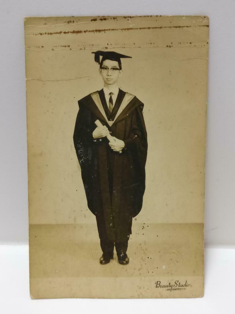 Vtg Asian Chinese Man In Graduation Gown Scroll Studio Portrait B&W Photo (P312)