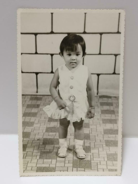 Vintage Chinese Girl Toddler In Cute Dress Studio Portrait B&W Photo (P527)