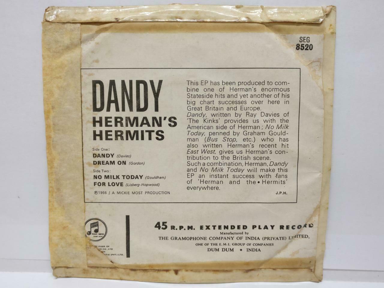 Herman's Hermits Dandy 1966 Rare Columbia India 7" EP Englsih SEG8520 (EP010)