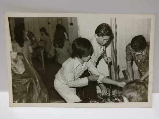 Vintage Asian House BBQ Party Candid Shot Cooking Barbeque Food B&W Photo (P276)