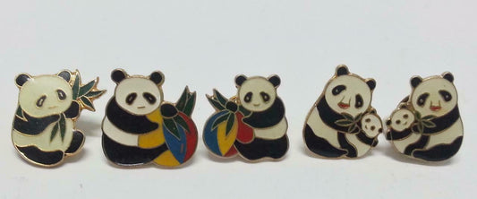 Vintage China Chinese Panda Bears Colorful Mini Pin Badges x5 (B190)