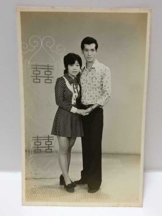 Vtg Asian Chinese Couple Casual Wear Outfits Polka Dress Studio B&W Photo (P452)