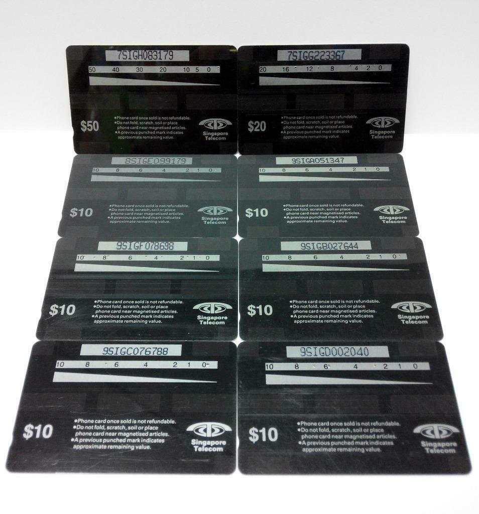 Used Vintage Singapore Phone Cards x8 Merlion Changi Airport Building Sea (A430)