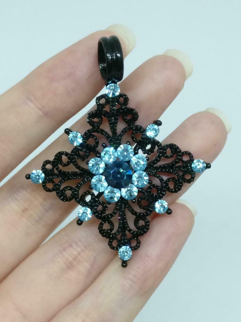 Rare Vintage Diamante Blue Sparkling Rhinestone Beads Flower Pendant F/S (J907)