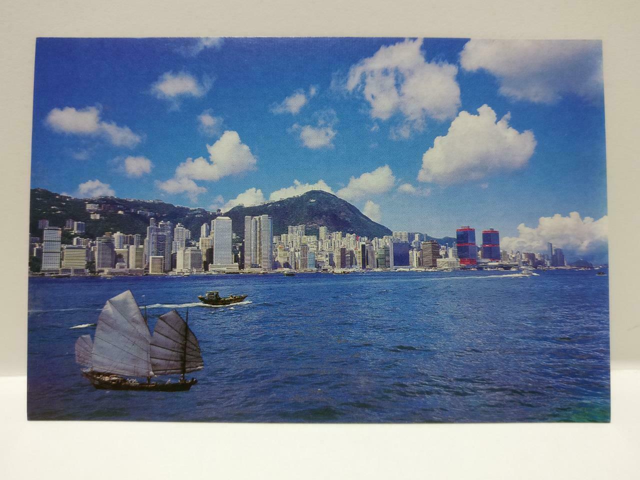 Vintage Hong Kong Chinese Junk Boat Sea View 魚帆船 Hill & Building Postcard (P842)