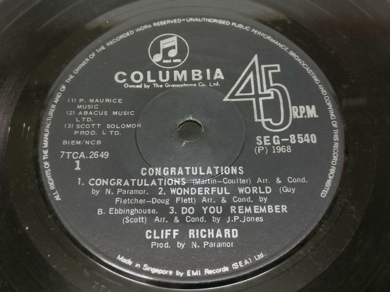 Cliff Richard Congratulations 1968 Rare EMI Singapore English 7" EP  (EP012)