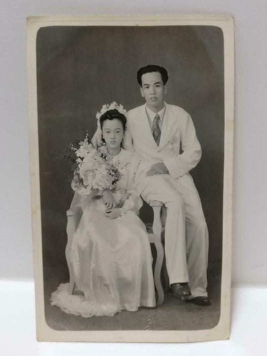 1950 Vintage Asian Chinese Wedding Couple Studio Portrait B&W Photo (P345)