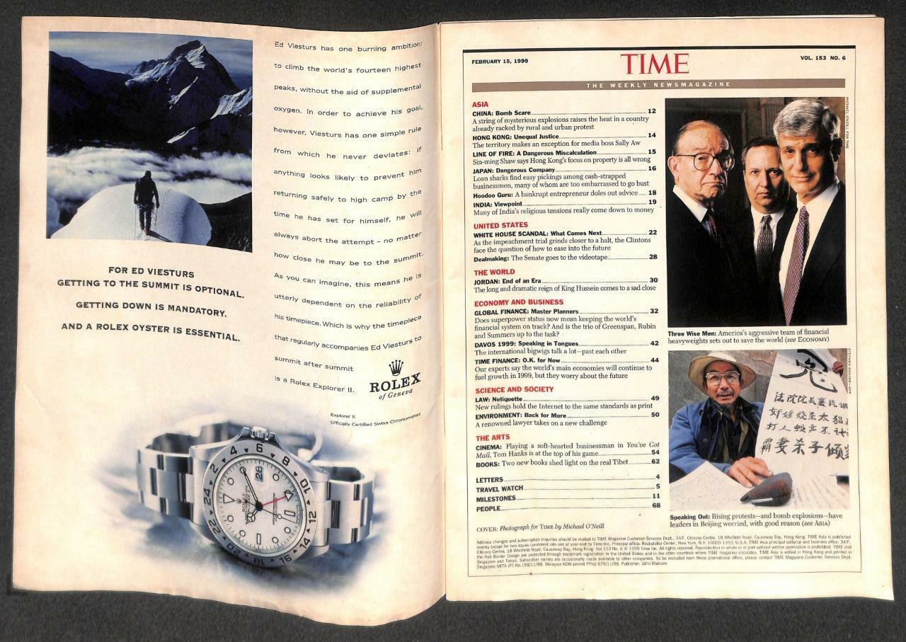 Aisa TIME Magazine 1999 Alan Greenspan Rolex Explorer 2 Remy Martin M007