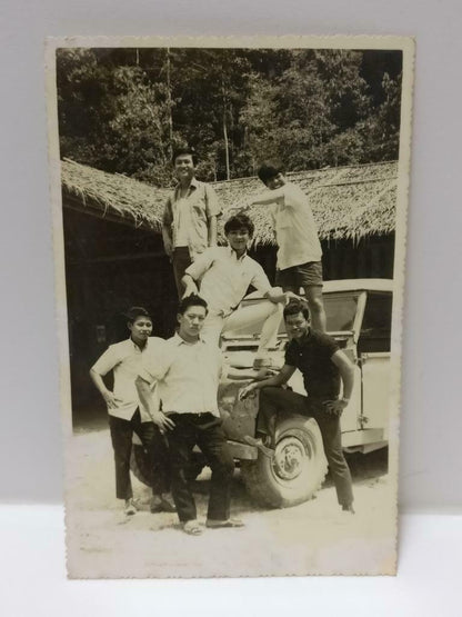 Vintage Asian Chinese Few Handsome Mens Friends JEEP Outdoors B&W Photo (P411)