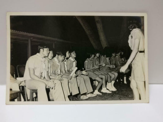 Vintage Singapore Scouts Girls Boys Students Sitting Outdoors B&W Photo (P507)