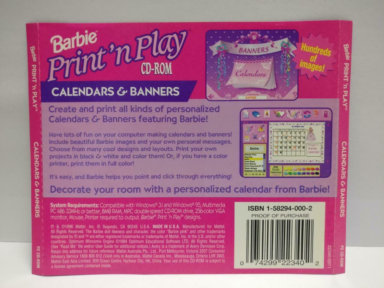 Barbie Print'n Play Calendars & Banners 1995 USA CD-Rom CD (CDS088)